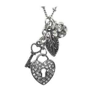 Vintage Charm Necklace Heart Lock & Key Rhinestones Leaf Flower Ball VLCH